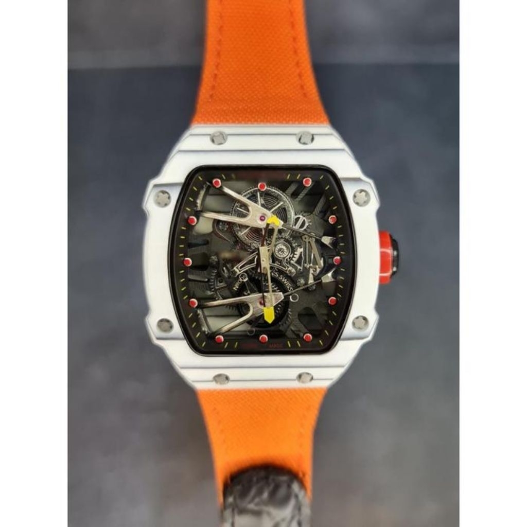 JAM TANGAN PRIA TERBARU/JAM TANGAN RM27-02 WHITE NTPT CARBON CASE 43MM ORANGE NYLON STRAP