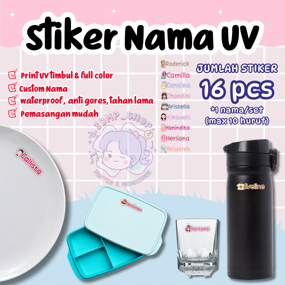 STIKER UV LABEL WATERPROOF TIMBUL CUSTOM NAMA ANAK PERALATAN SEKOLAH BOTOL ALAT MAKAN