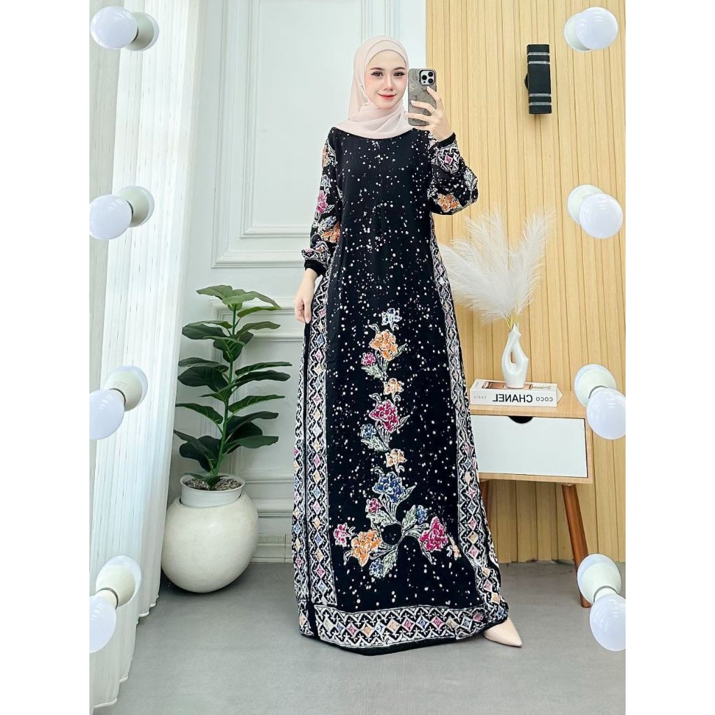 Gamis Batik Encim Adem Nyaman Panjang Muslimah-Kotak hitam