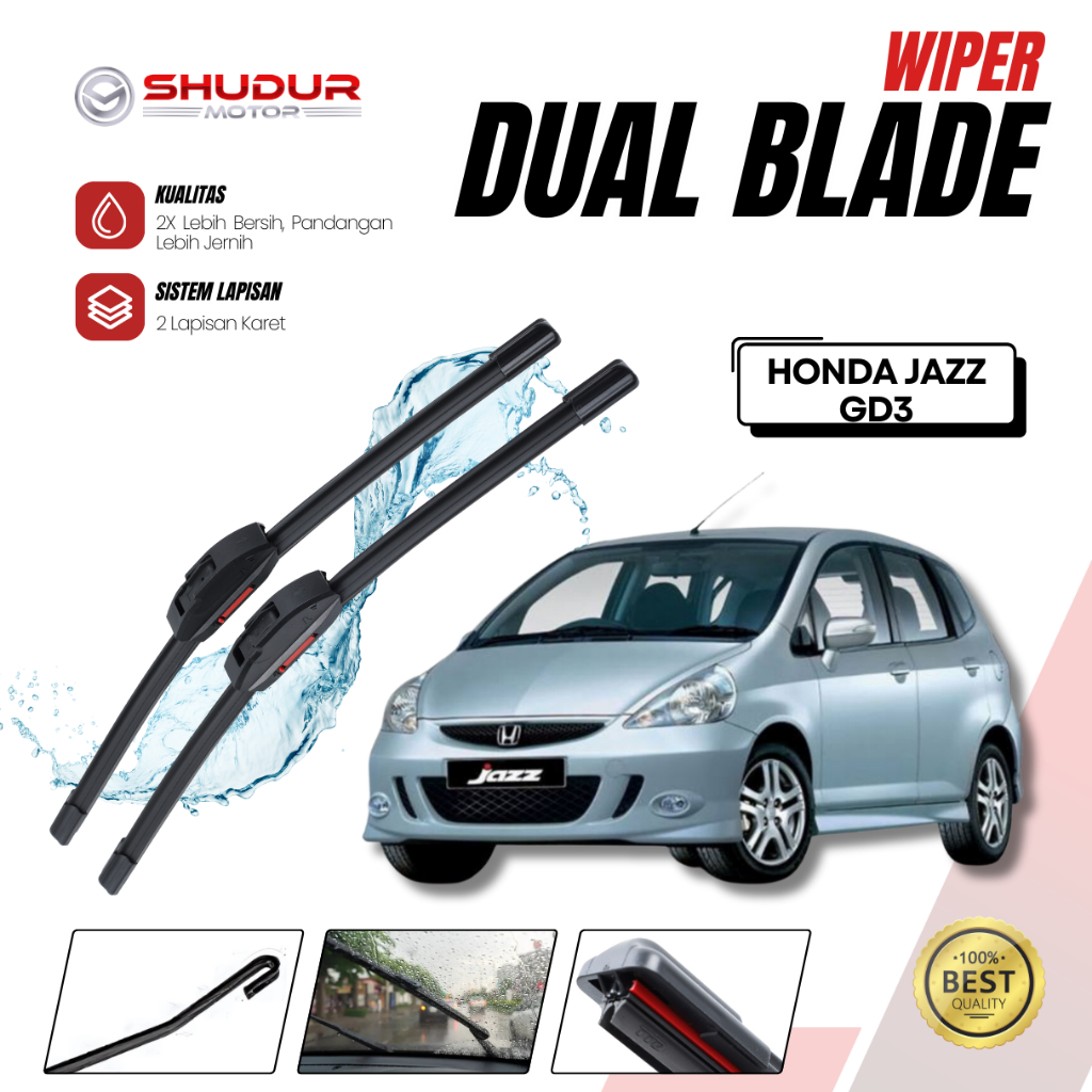 Wiper Dual Blade - Honda Jazz Lama GD3 / IDSI 2001 - 2008 - Wiper 2 Lapis Karet Frameless Model Kare