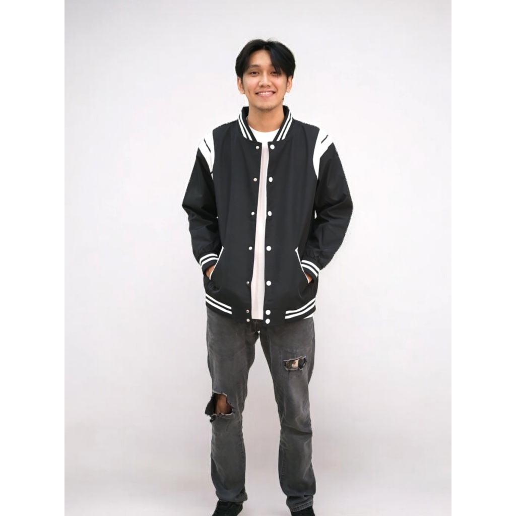 WAD - Jacket Varsity Pria Hitam Putih dengan Aksen Garis Minimalis