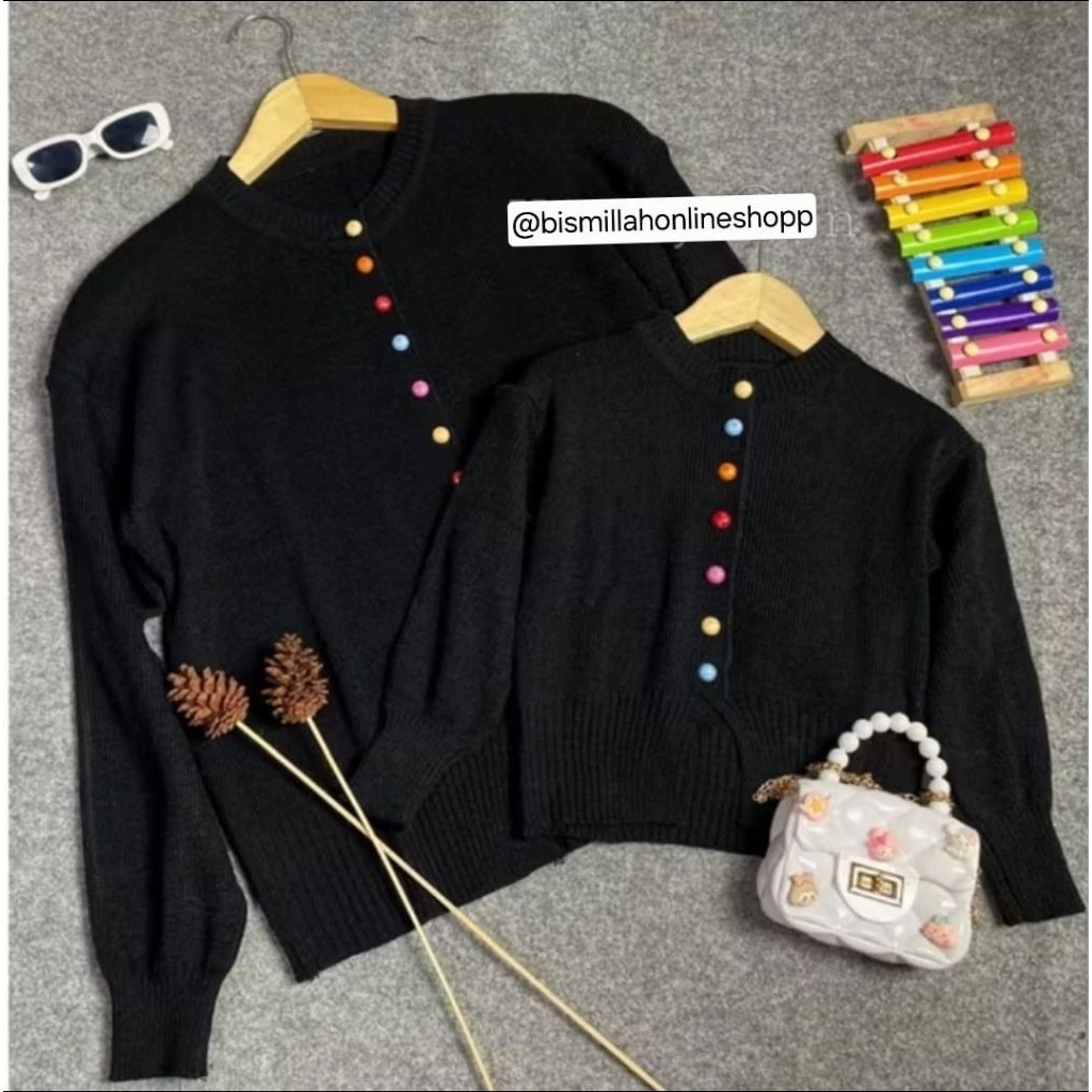 Cardigan Polo Salur Couple Ibu Dan Anak / Sweater Couple Ibu Anak Perempuan / Jaket Rajut Couple Ibu