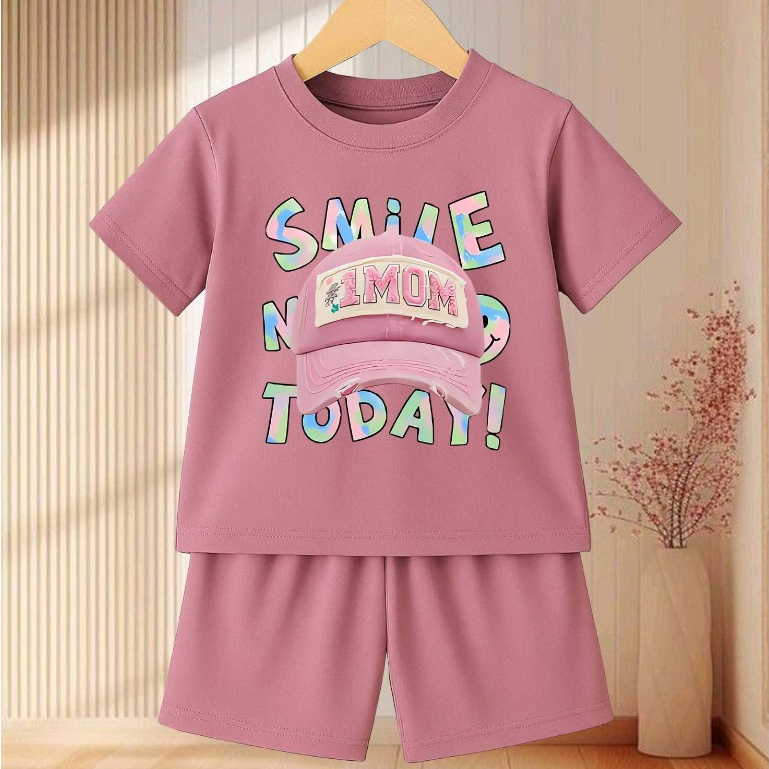 Setelan Kaos Anak Perempuan Gambar Motif Topi