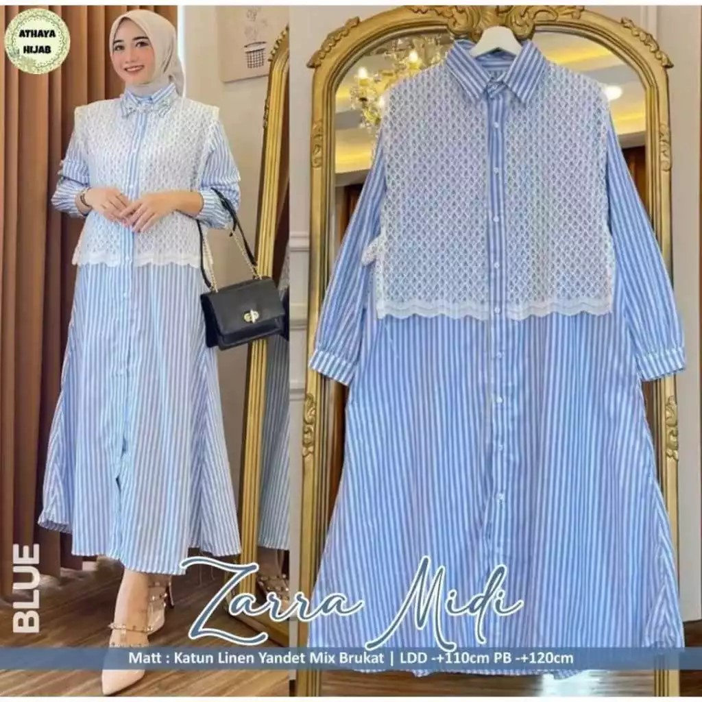 Midi Dress Salur Mix Brukat | Dress Korean Style | Gamis Lebaran Terbaru | Midi Dress Full Kancing