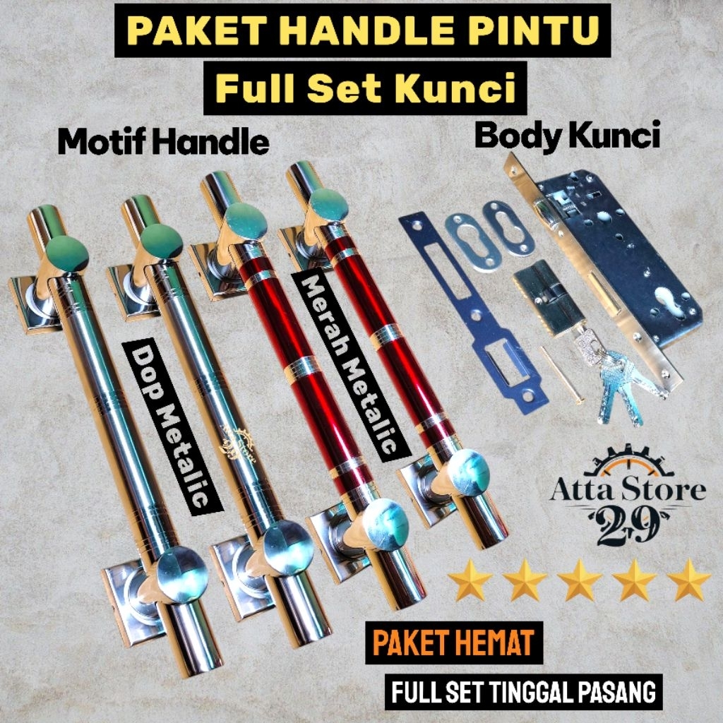 Handle pintu full set kunci / Gagang pintu full set kunci merah & dop panjang 33 cm
