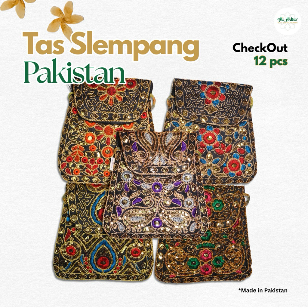 1 Lusin/12 Pcs Tas Selempang Pakistan Bordir Payet 20x21 cm – Oleh-Oleh Tas Selempang Haji Umrah Etn