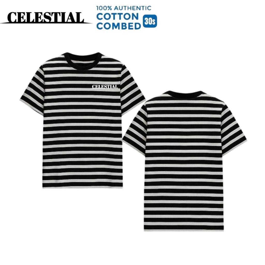 Kaos cotton combat 30S lengan pendek pria belang-belang hitam putih  unisex premium