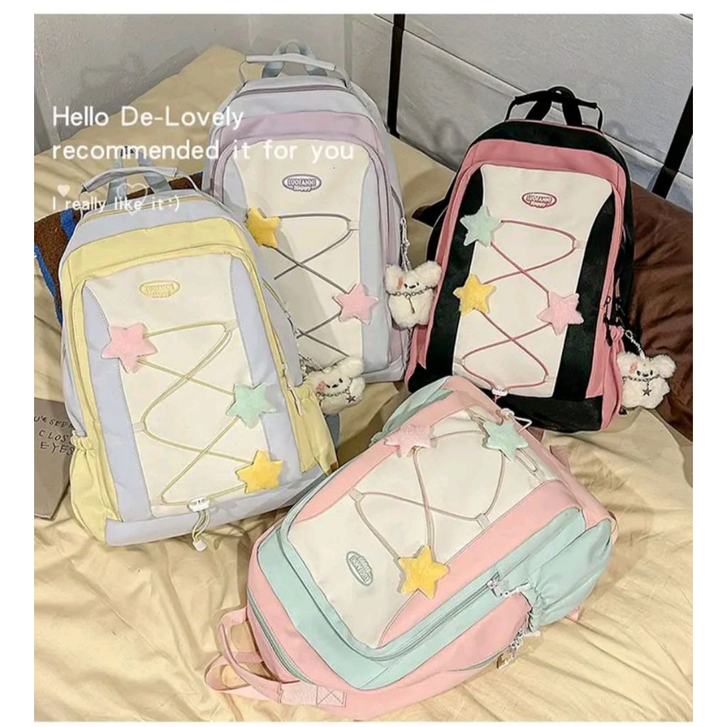 [Dapat Gantungan] Tas Ransel Wanita Korea Style Pastel Lucu – Backpack Sekolah Kuliah Remaja Cewek E