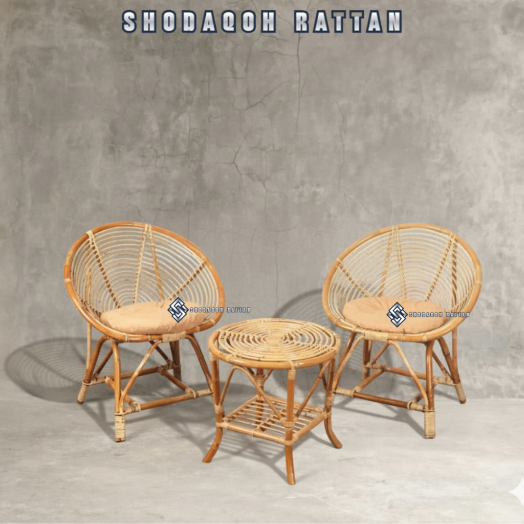 KURSI TERAS KERANG ROTAN / KURSI ROTAN TERAS BUKUR / KURSI TAMU ROTAN ASLI FINISHING