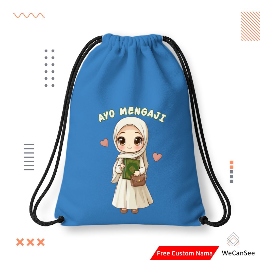 Tas Serut | Tas Serut Anak | Tas Serut Anak Ayo Mengaji Custom Nama | Stringbag | Tas Serut Custom N