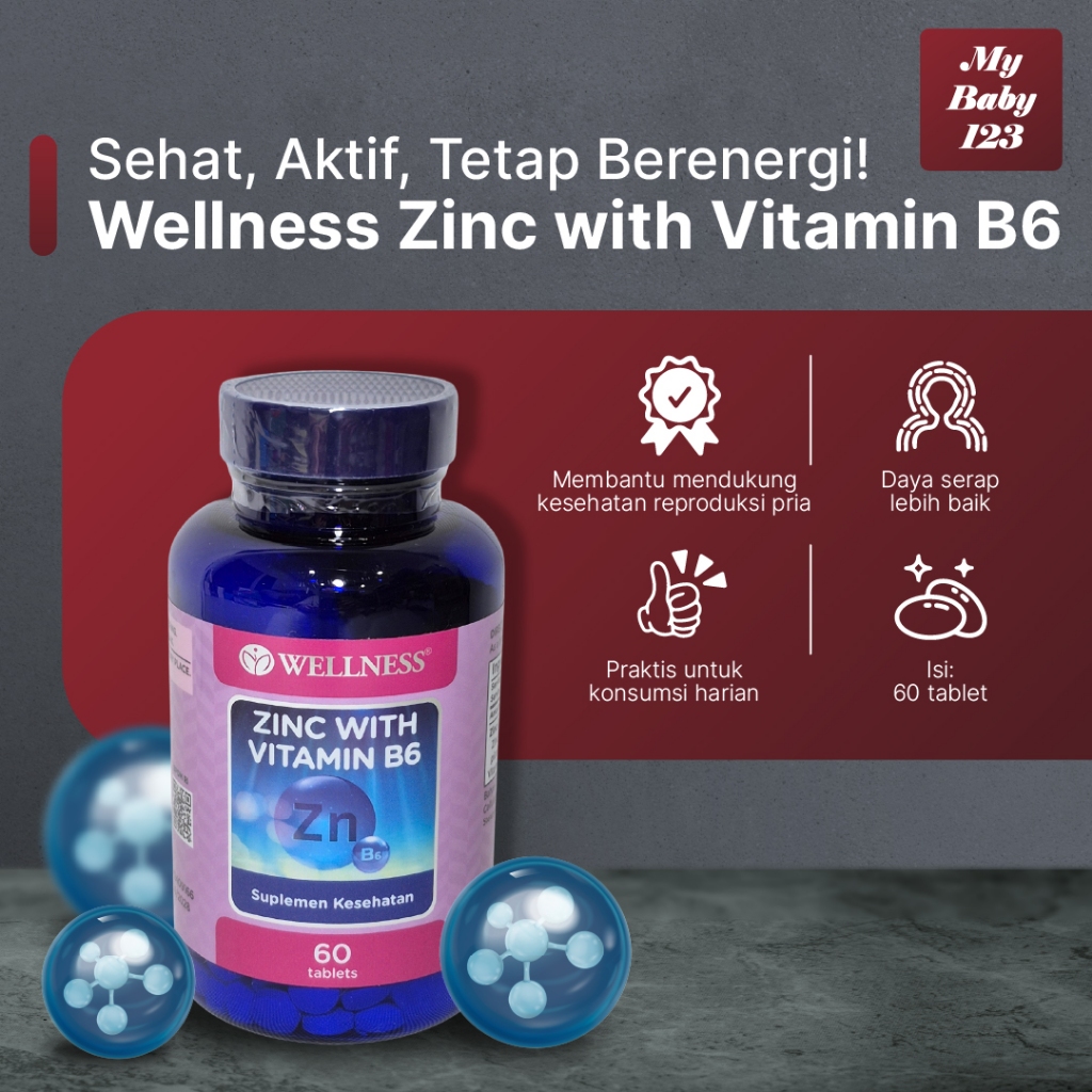 Wellness Zinc with Vitamin B6 60 Tablet Suplemen Zinc Pria, Hormon, Kesuburan & Atasi Rambut Rontok