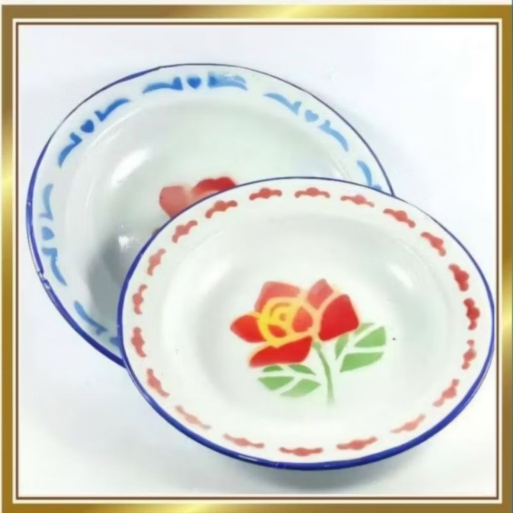 Piring Jadul Enamel Motif Bunga Mawar 1 Lusin / Piring Seng Kembang Cantik