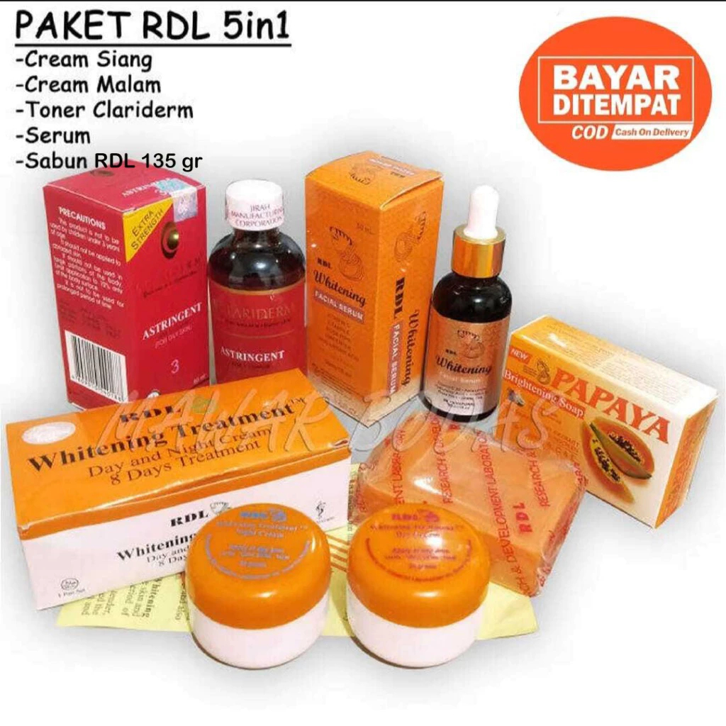 Paket RDL 5in1 Cream Siang Malam - Sabun Papaya 135 gr - Serum 30 ml - Toner Clariderm Pembersih Waj