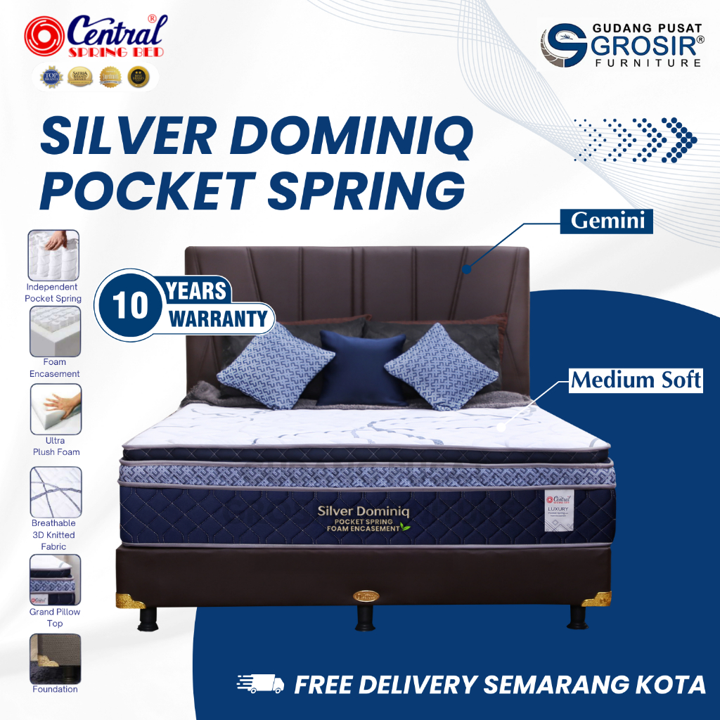 CENTRAL Spring Bed -Silver Dominiq Pocket Spring - Semua Ukuran - Kasur - Sandaran