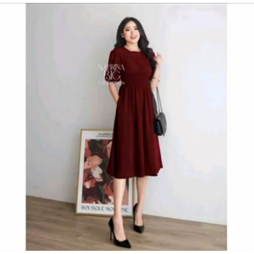 Soora MIDI dress wanita, dres pesta lengan karet