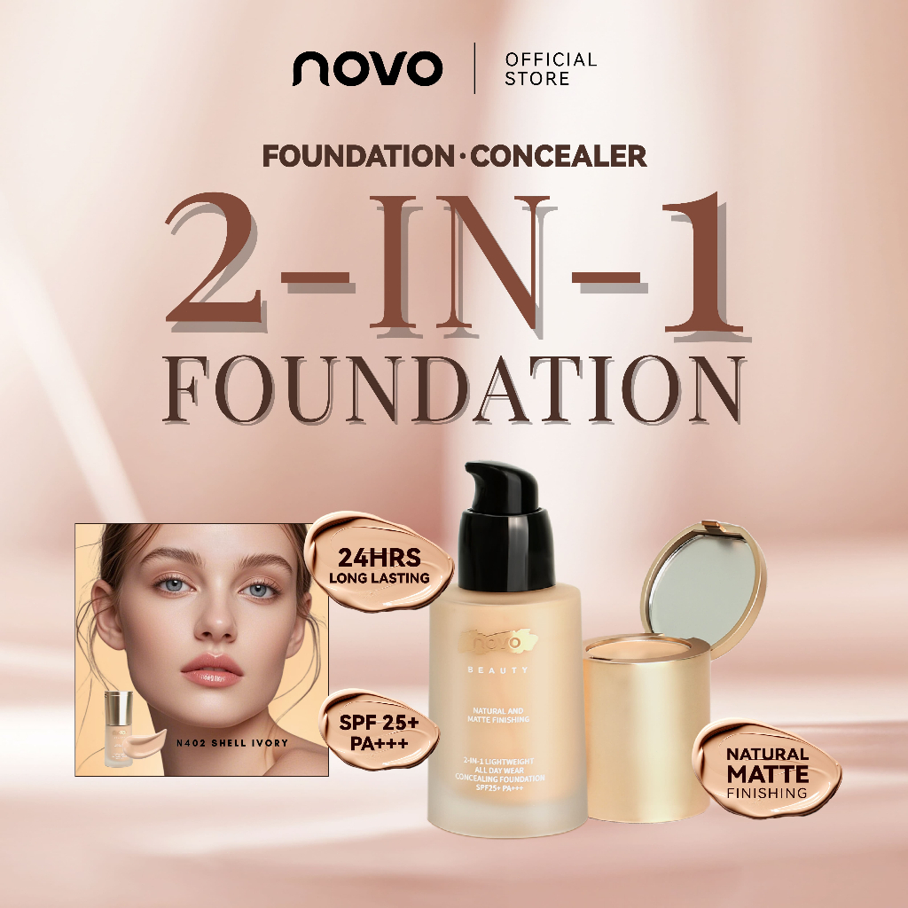 NOVO 2-in-1 Concealer Liquid Foundation Semi-Matte High Coverage SPF25+ PA+++ Sweatproof 5 Shades