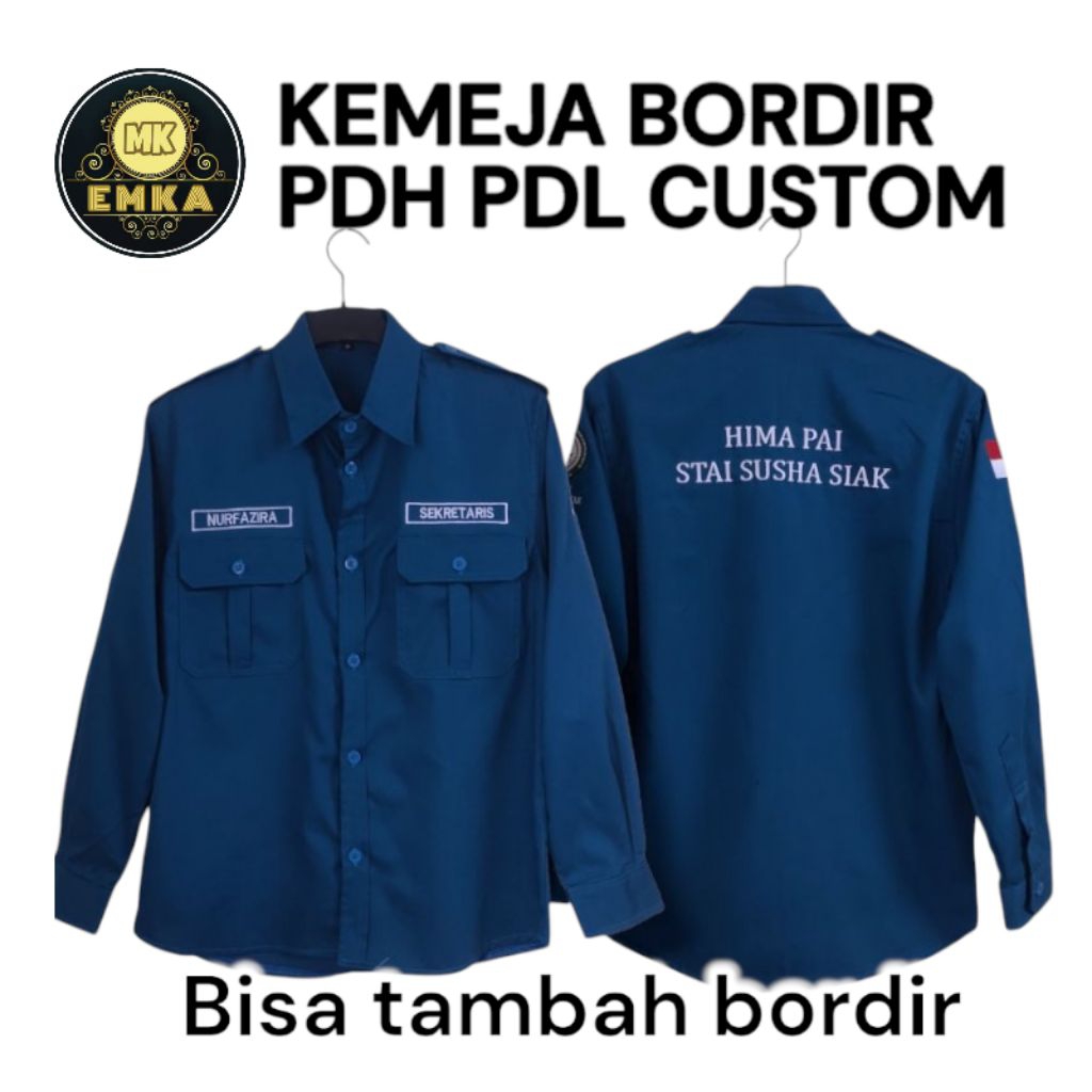 KEMEJA BORDIR CUSTOM PDH PDL BISA SATUAN LUSINAN, KEMEJA SERAGAM KERJA BIRU NAVY