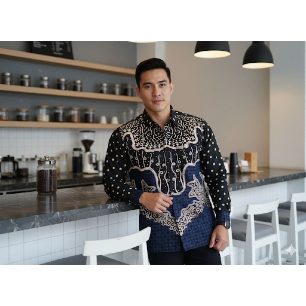 Kemeja Batik Pria Lengan Panjang Biru dongker