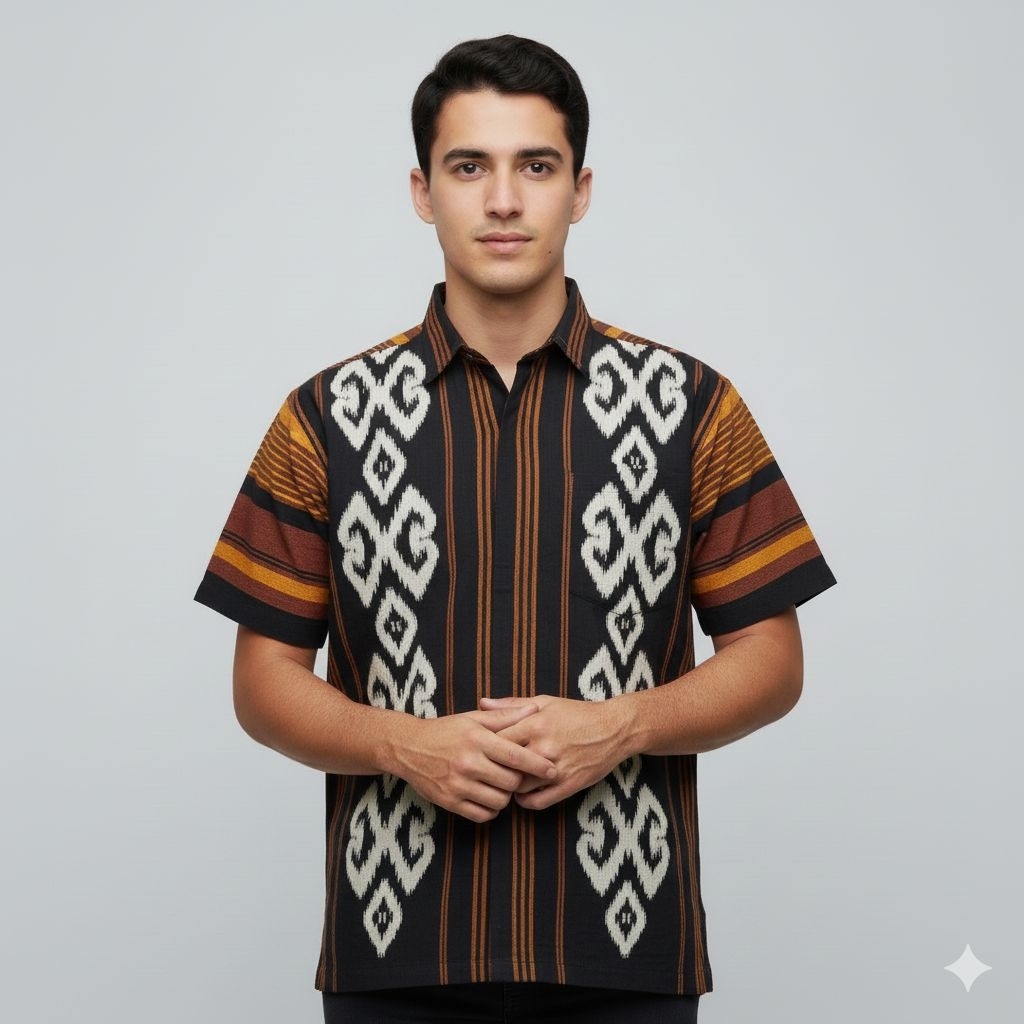 BAJU KEMEJA TENUN ETNIK PRIA BAJU HEM TENUN PRIA LENGAN PENDEK BAJU TENUN JEPARA