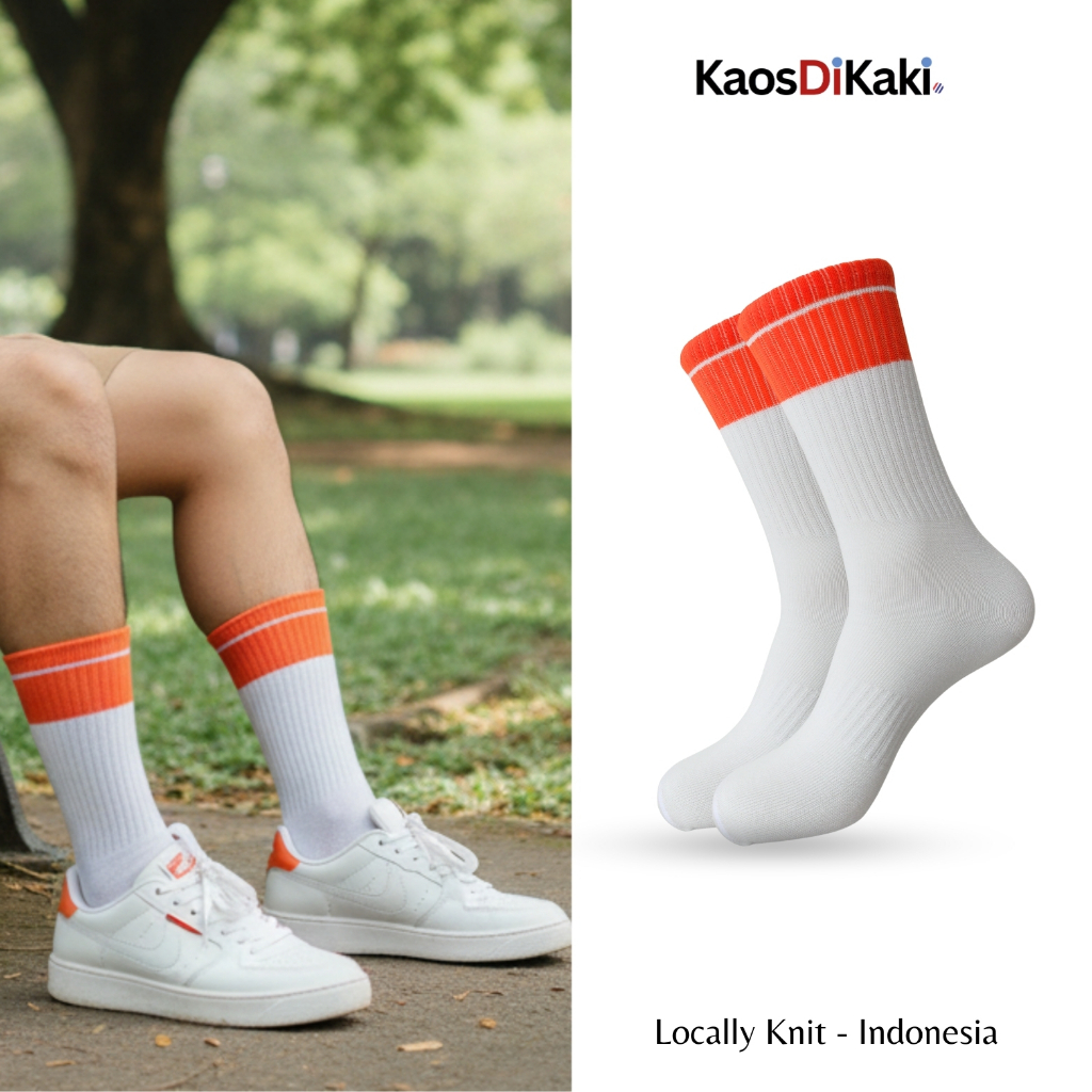 KaosDiKaki - Kaos Kaki Oldschool Stripe Orange Dasar Putih - Tebal Pria Wanita Dewasa