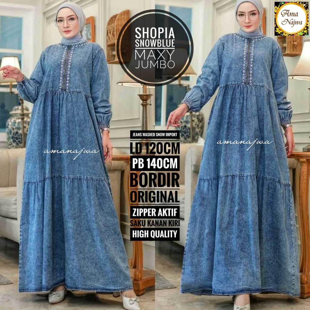 Shopia maxy dress baju gamis jubah wanita muslimah jumbo ld 120 Jeans washed snow import ori premium