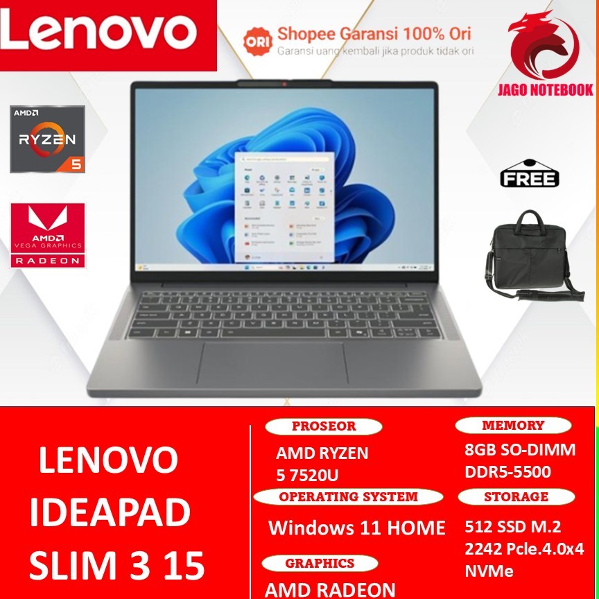 LENOVO IDEAPAD SLIM 3 15 RYZEN 5 7520 8GB 512GB W11 15.6FHD IPS