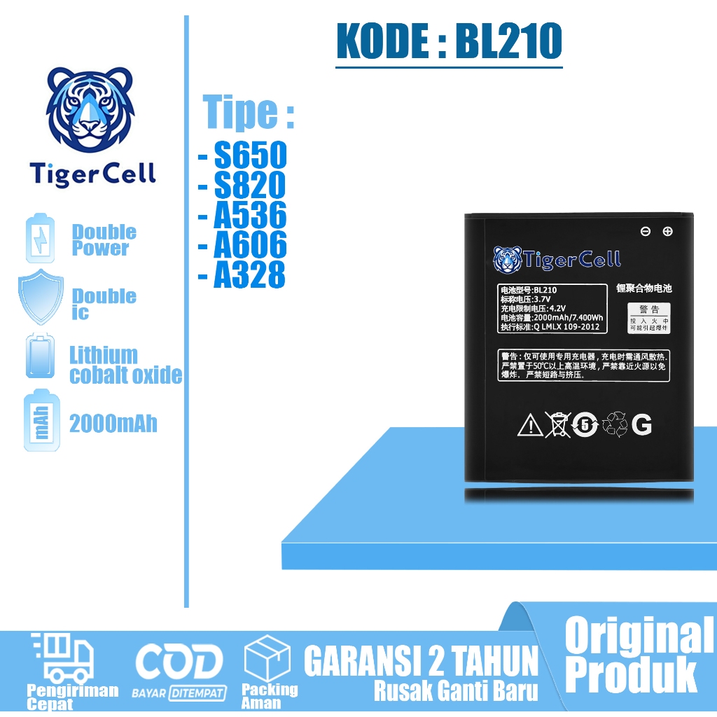 TIGERCELL Baterai Lenovo BL210 LENOVO S650/ S820/ A536 / A606/ A328 ORIGINAL