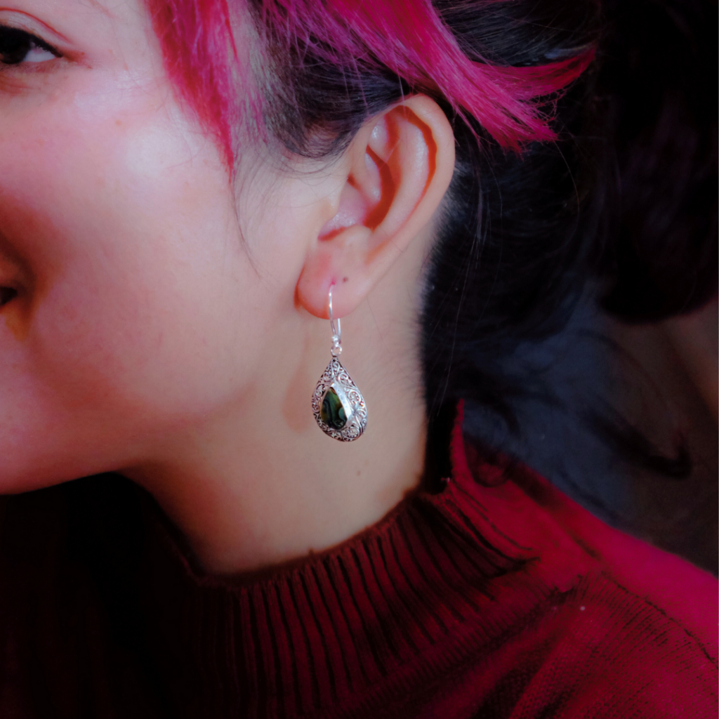 Eufeme Anting Perak Asli Sterling Silver 925 - Ukiran Jawan Kerang Abalon Wanita Handmade Bali