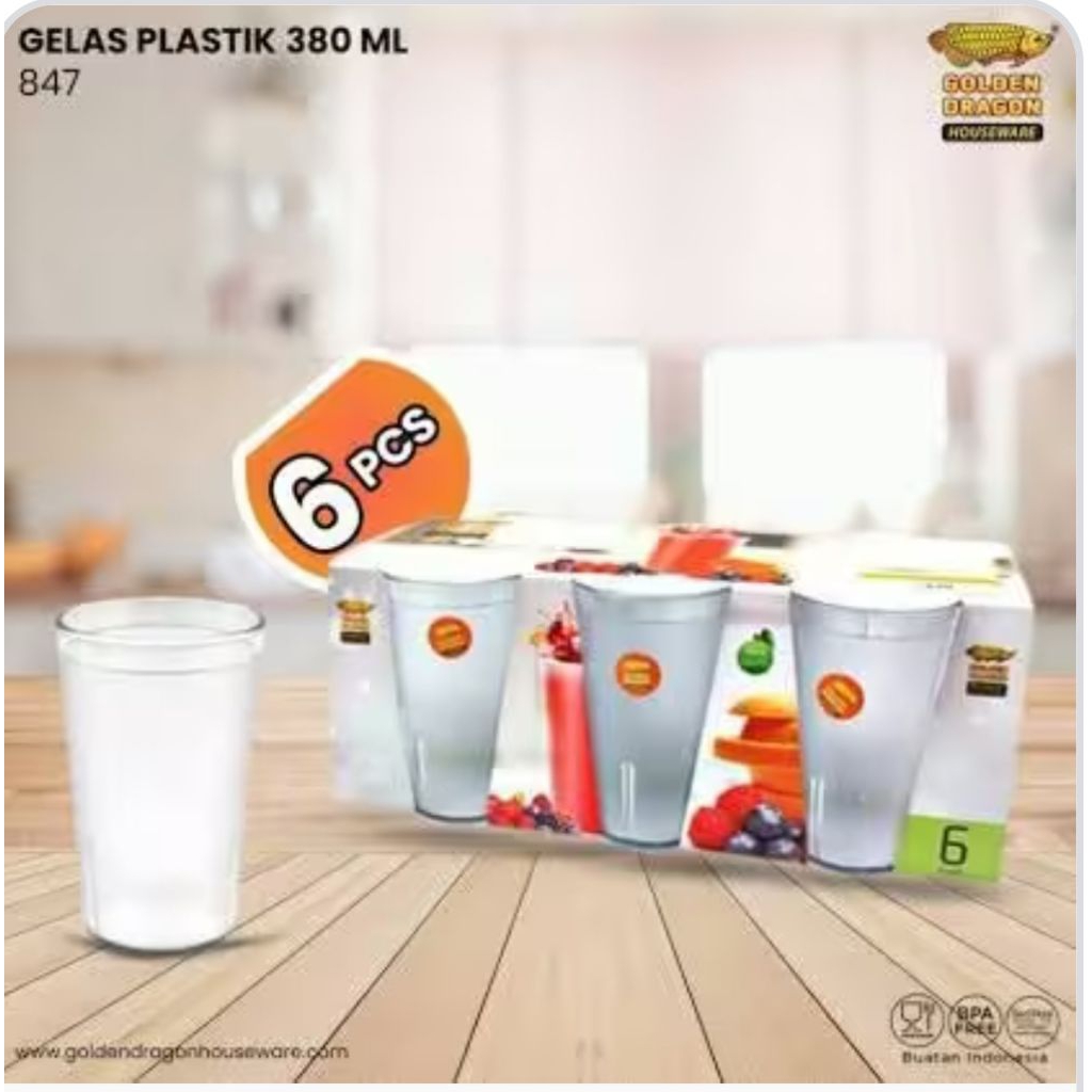 Golden Dragon Gelas 847 (6's) Gelas Es Plastik Bening Mirip Kaca Transparant