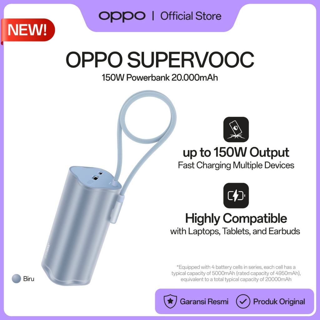 OPPO SUPERVOOC 150W Power Bank PBSV07 Light Blue [Up To 150W Output, 20.000mAh Huge Capacity Power, 