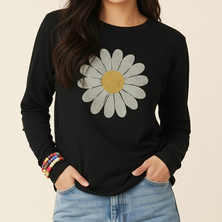 Kaos Lengan Panjang Oversized Wanita Daisy Bunga Vintage Cotton Combed Baju Hitam Korean Style