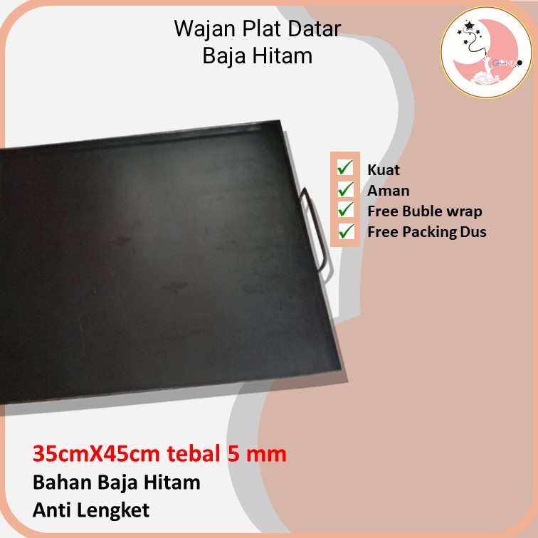 Wajan Datar Plat Baja Hitam 35x45 tebal 5mm Anti Lengket Alami pembakaran roti, sosi bakar, steak