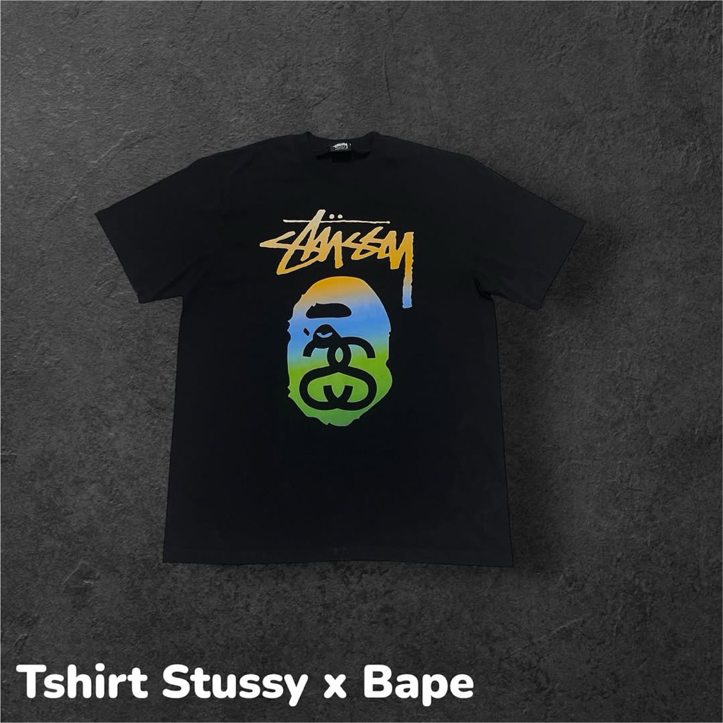 T-shirt Stussy X Bape High Quality Import Kaos Unisex Pria Wanita Full Cotton 20S