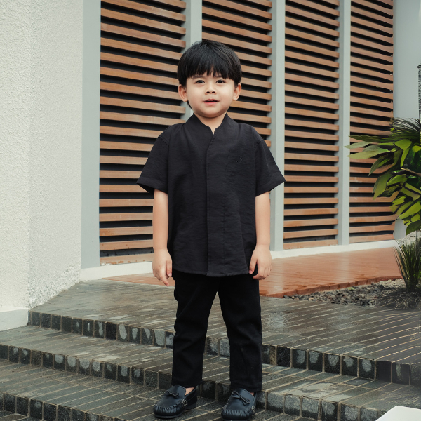 BASTOH Baju Koko Anak Nayef Hitam Lengan Pendek