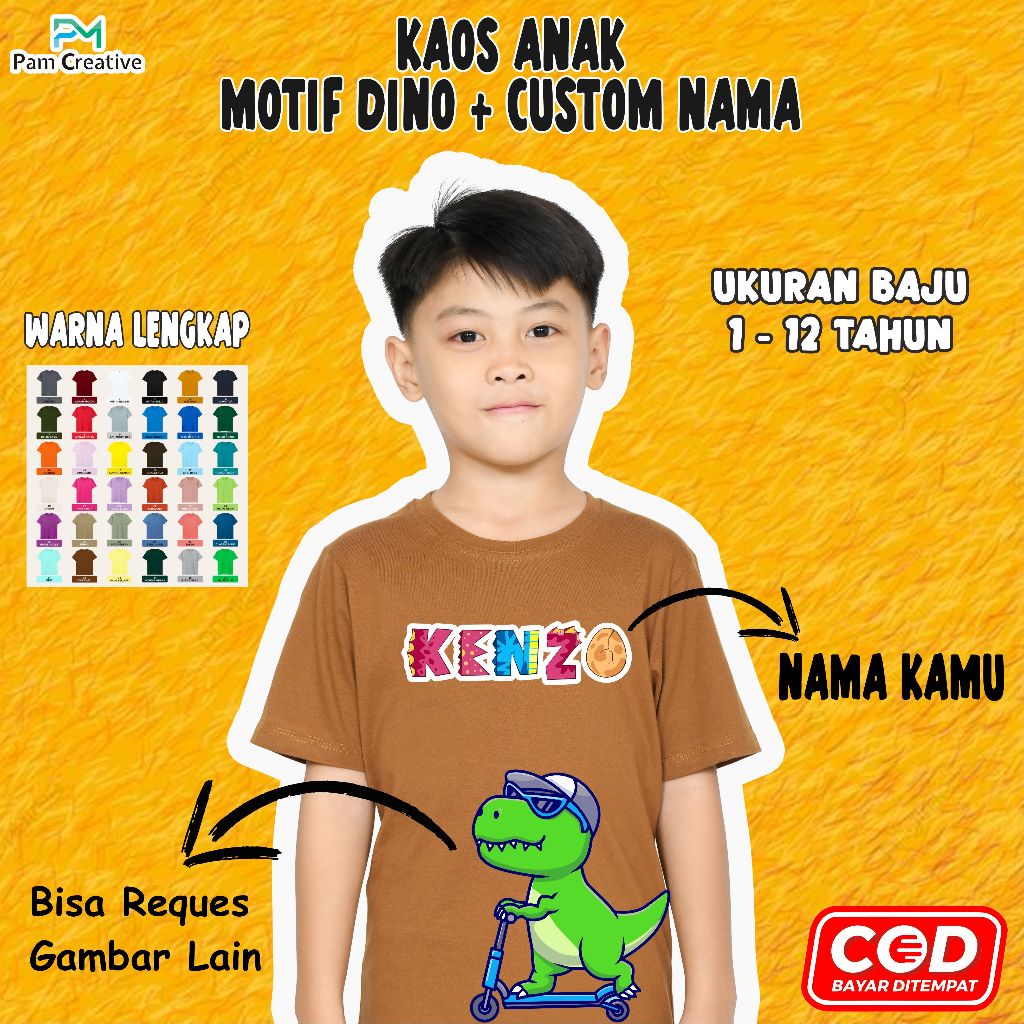 Kaos Anak Custom ''Motif Dino dan Custom Nama'' Sablon Kaos Anak baju anak kecil kain cotton combed