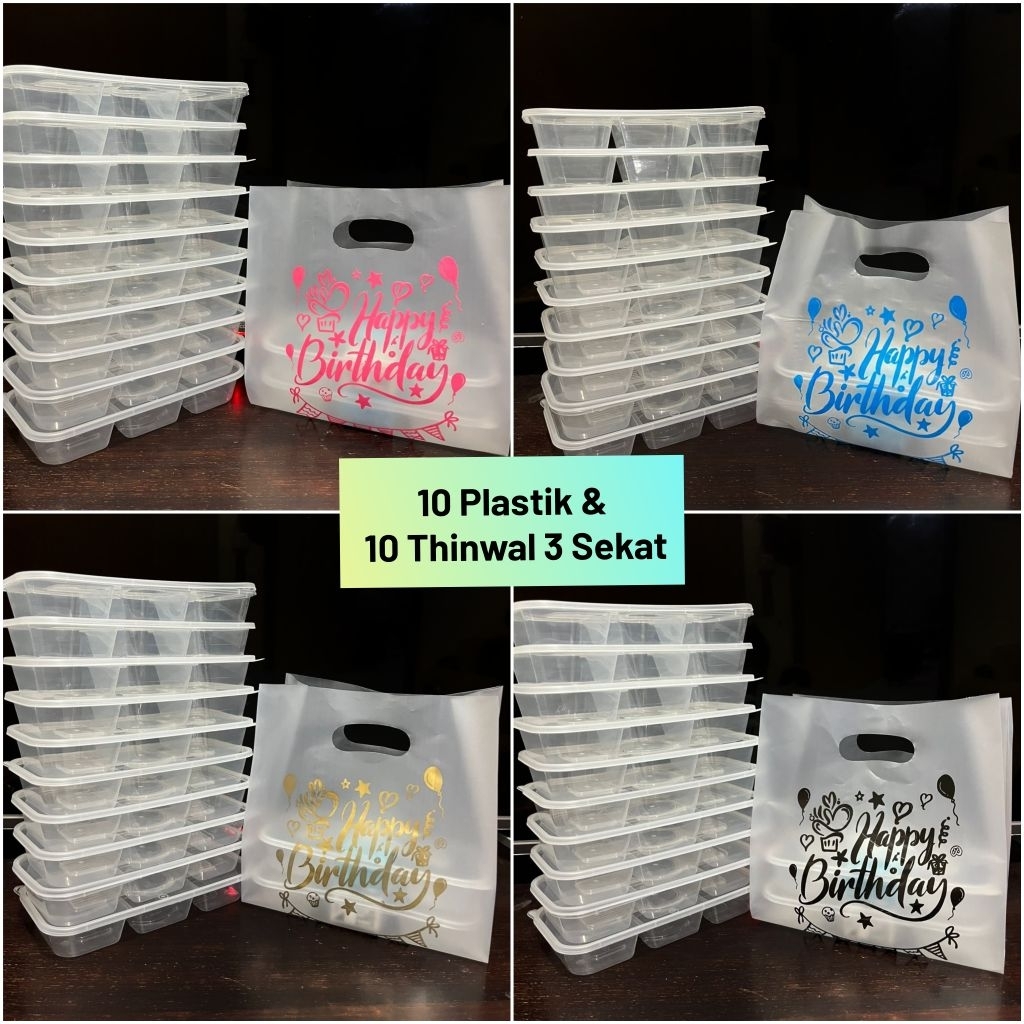 Paket 10 Thinwall 3 Sekat + 10 Plastik | Wadah Makanan Ulang Tahun /Souvenir/Happy Birthday/Plastik/