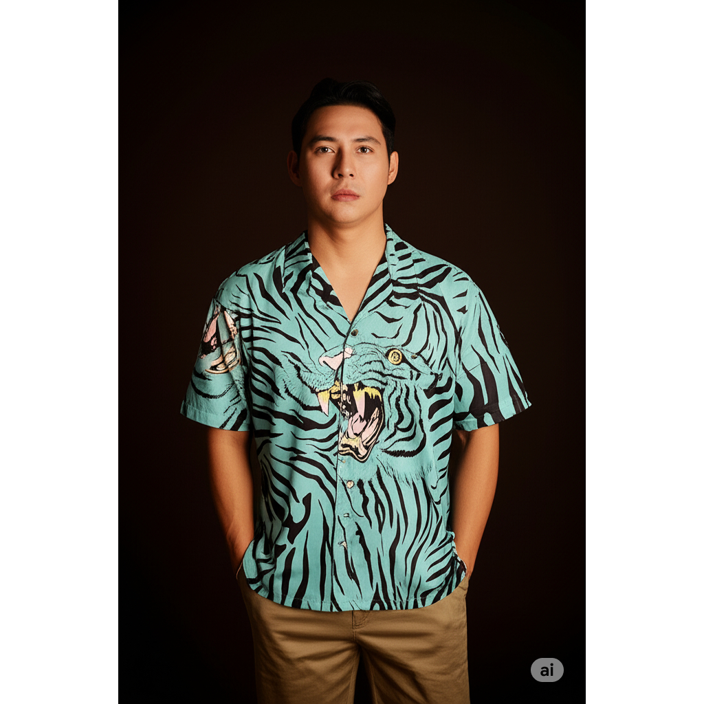 Rakawear Kemeja Motif Majestic Tiger Kekinian Pria Wanita Oversize Lengan Pendek Bahan Polycatton Pr