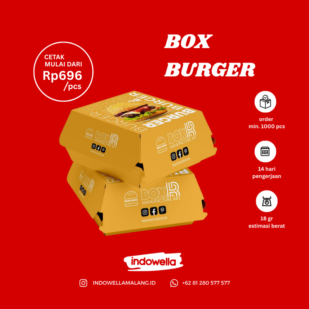 Custom Box Burger | Paper Box Burger | Laminasi | Tahan Minyak | Full Printing | Ivory | Duplek | Kr