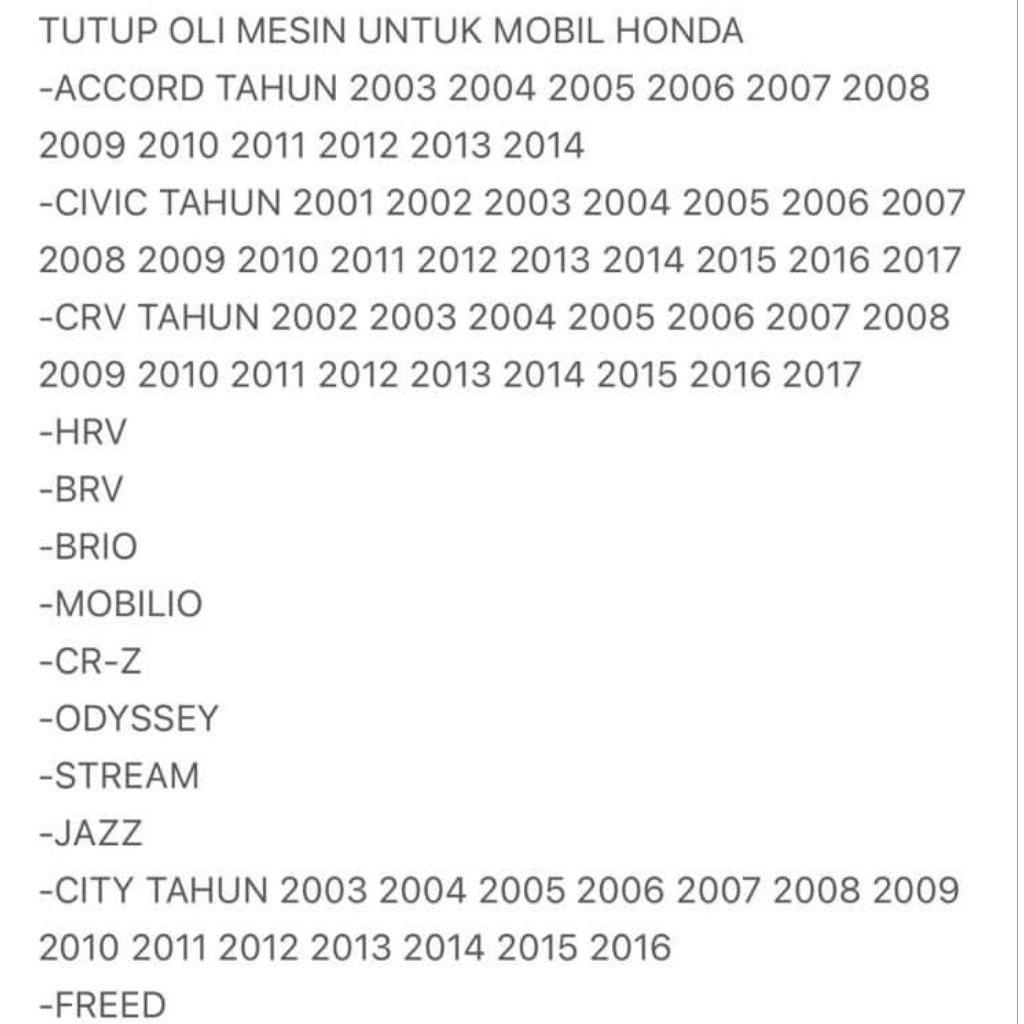 Tutup Oli Mesin Mobil Honda Accord Brio Civic Crv City Hrv Brv Mobilio Jazz Stream Odyssey Crz