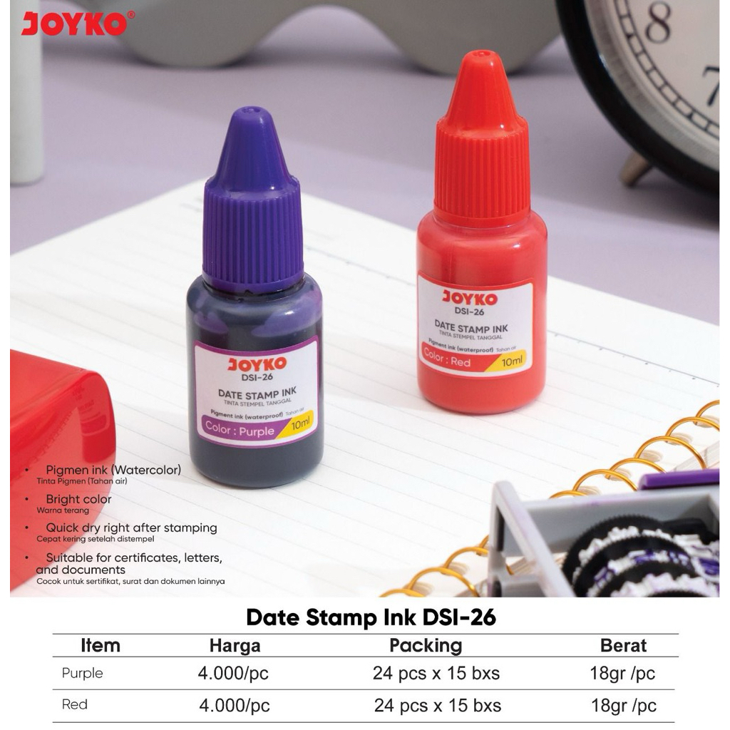 DSI 26 Joyko Tinta Cap Tanggal Otomatis Tersedia Warna Ungu dan Merah / Tinta Stempel Otomatis / Sel