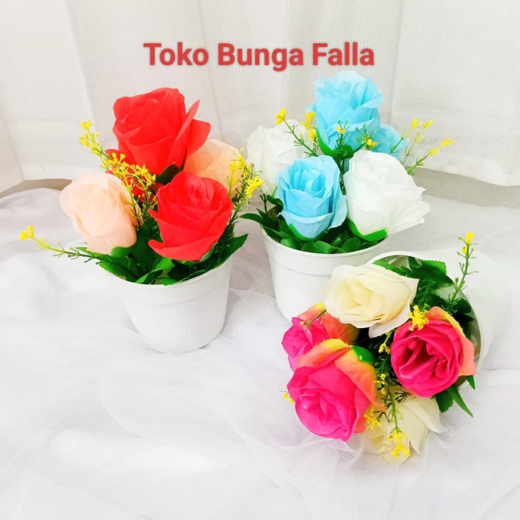 Satu paket Bunga mawar Rose diamond artificial/ plastik dan vas bulat hiasan meja ruang tamu/ hotel 