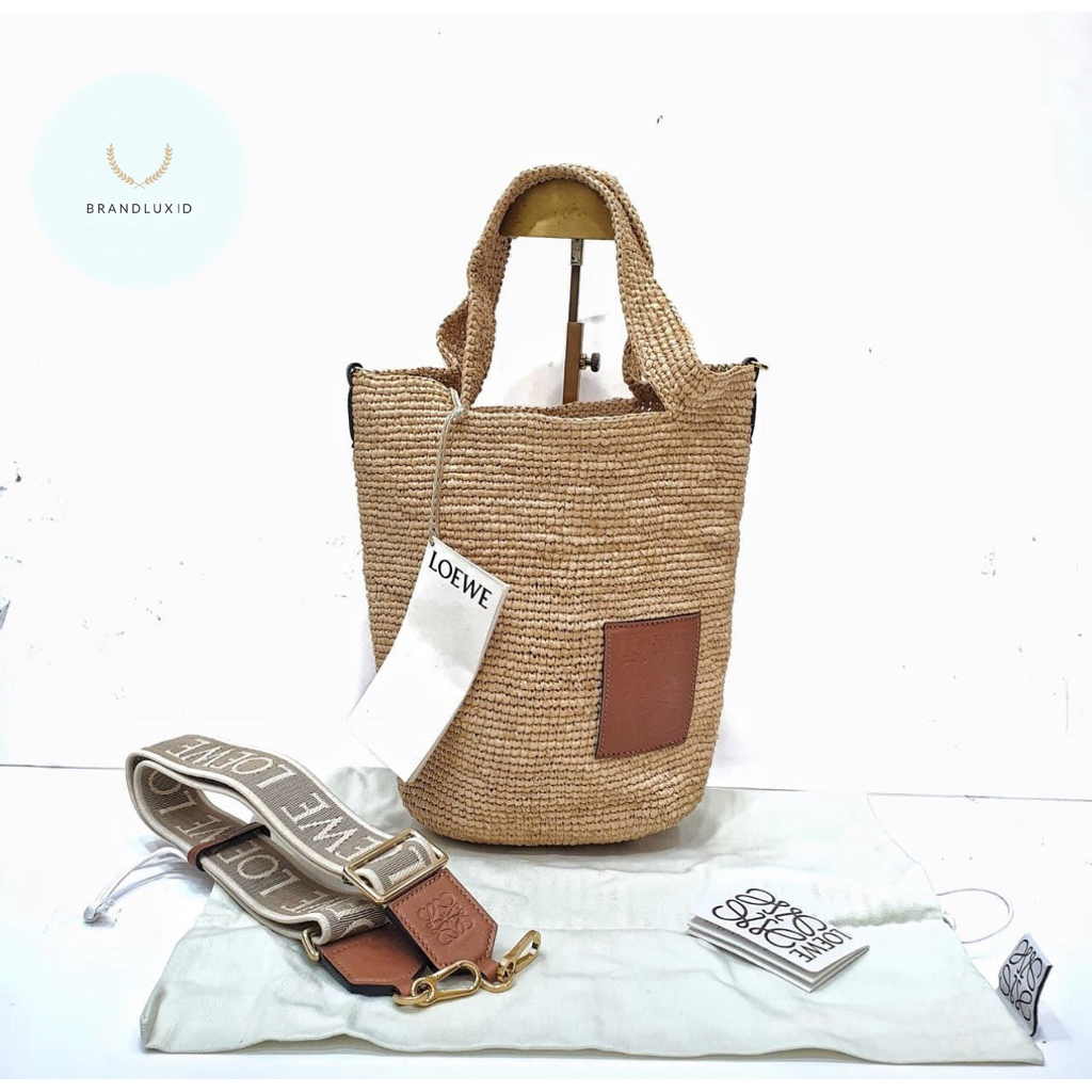 Loewe Mini Slit Raffia Tote bag Naturan/Tan with adjustable logo longstrap
