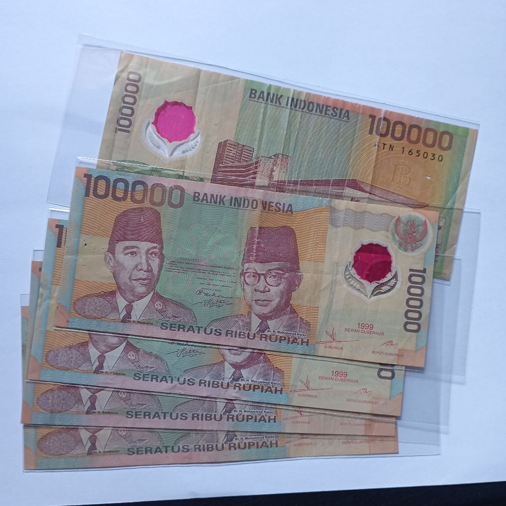 100000 rupiah uang polymer sukarno hatta tahun 1999 bekas asli