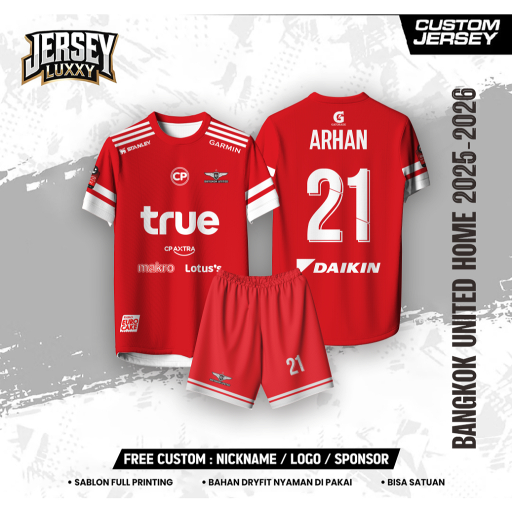 Jersey Sepak Bola Desain Arhan Bangkok United Home 2025-2026 Free Custom Name dan No Punggung Dryfit