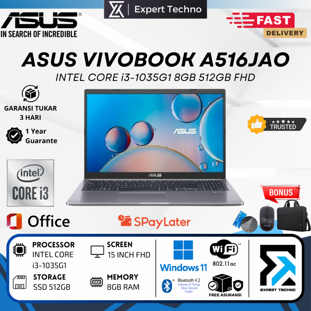 ASUS VIVOBOOK A516JAO INTEL CORE I3-1005G1 8GB RAM 512GB SSD 15.6 FHD Windows 11