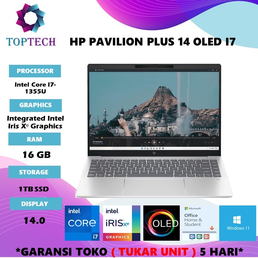 LAPTOP HP PAVILION PLUS 14 OLED I7 1355 RAM 16GB 1TB SSD WINDOWS 11 + OHS 14.0 2.8K VRR 120HZ BLIT E