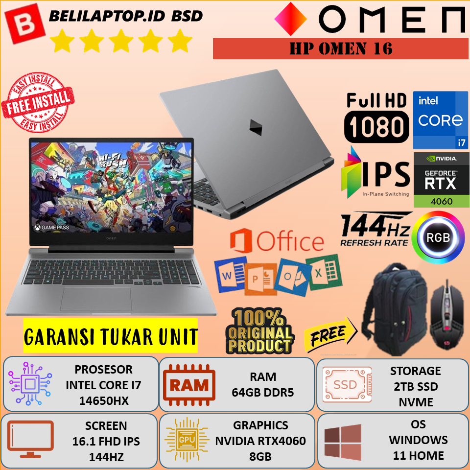 Laptop Gaming HP OMEN 16 Intel Core i7 14650HX RAM 64GB DDR5 2TB SSD 16.1'' FHD IPS 144HZ RTX4060 Wi