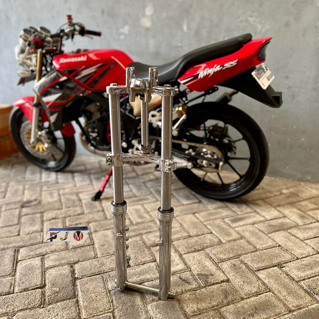 Shock Depan Ninja RR Segitiga full Chroom As Chromee Bottom Chrome PNP HONDA RX KING CB GL MP TIGER