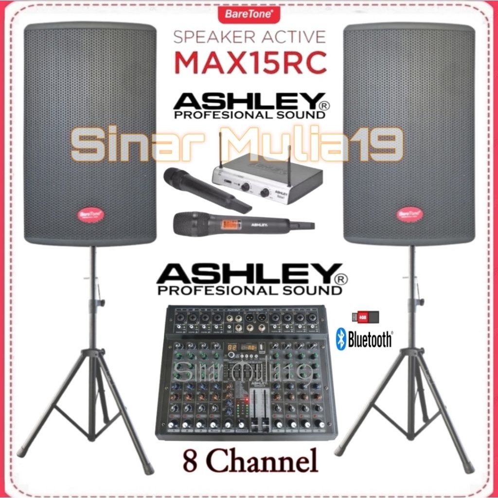 Promo paket sound system Baretone 15 inch aktif Max15rc mixer 8 channel ashley mic wireless ashley o