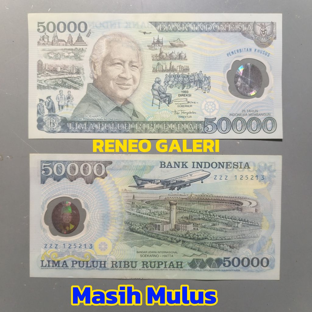Mulus asli 50.000 Rupiah Suharto mesem Polymer plastik tahun 1993 Rp 50000 Uang kuno duit lama Indon